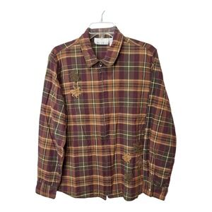 Casey & Max Womens Size L Long Sleeve Button‎ Up Shirt Leaf Patches Plaid Fall